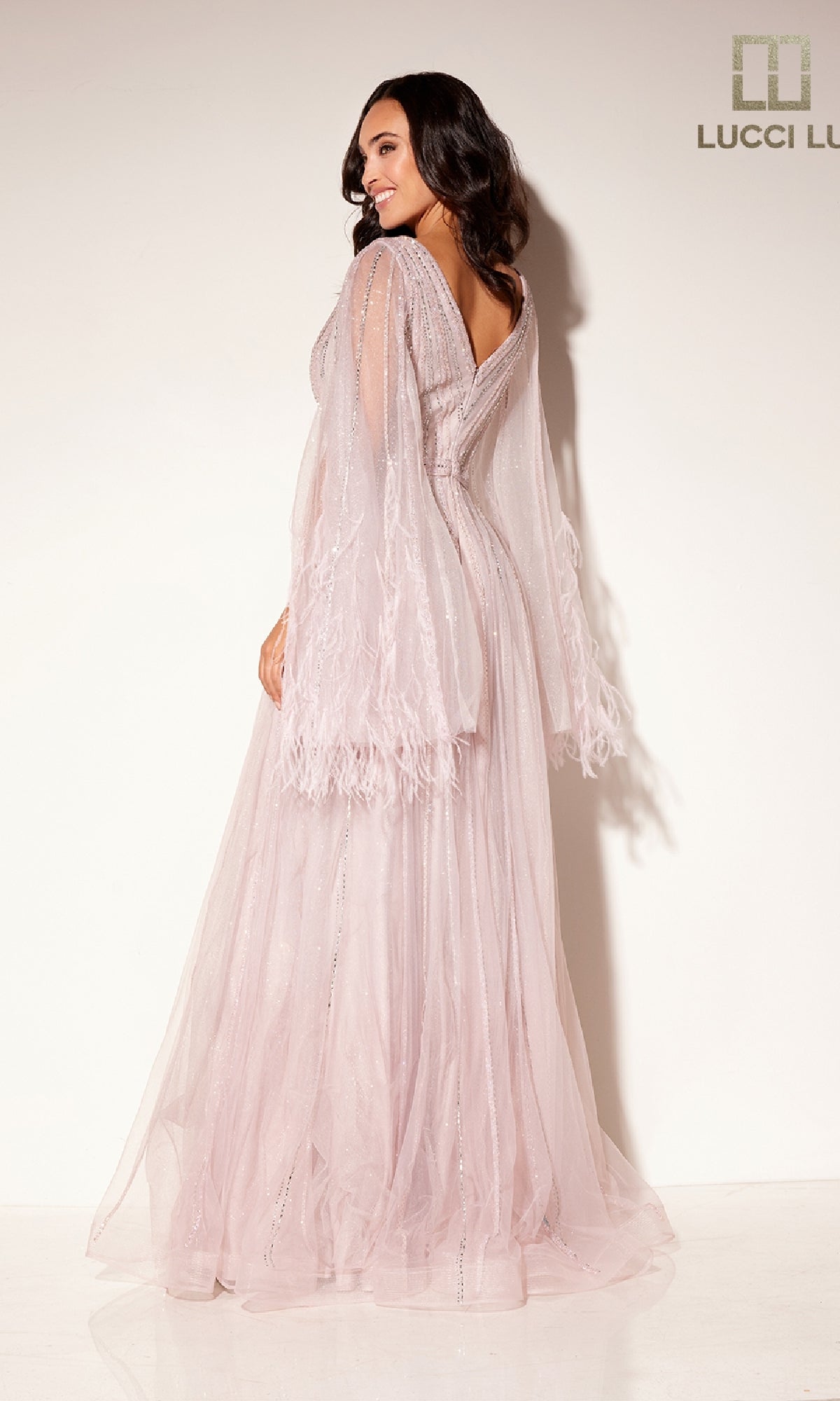 A woman stands against a plain white background, wearing the Lucci Lu C8118 long formal dress—an A-line light pink evening gown with feather-embellished sleeves and a sheer overlay.